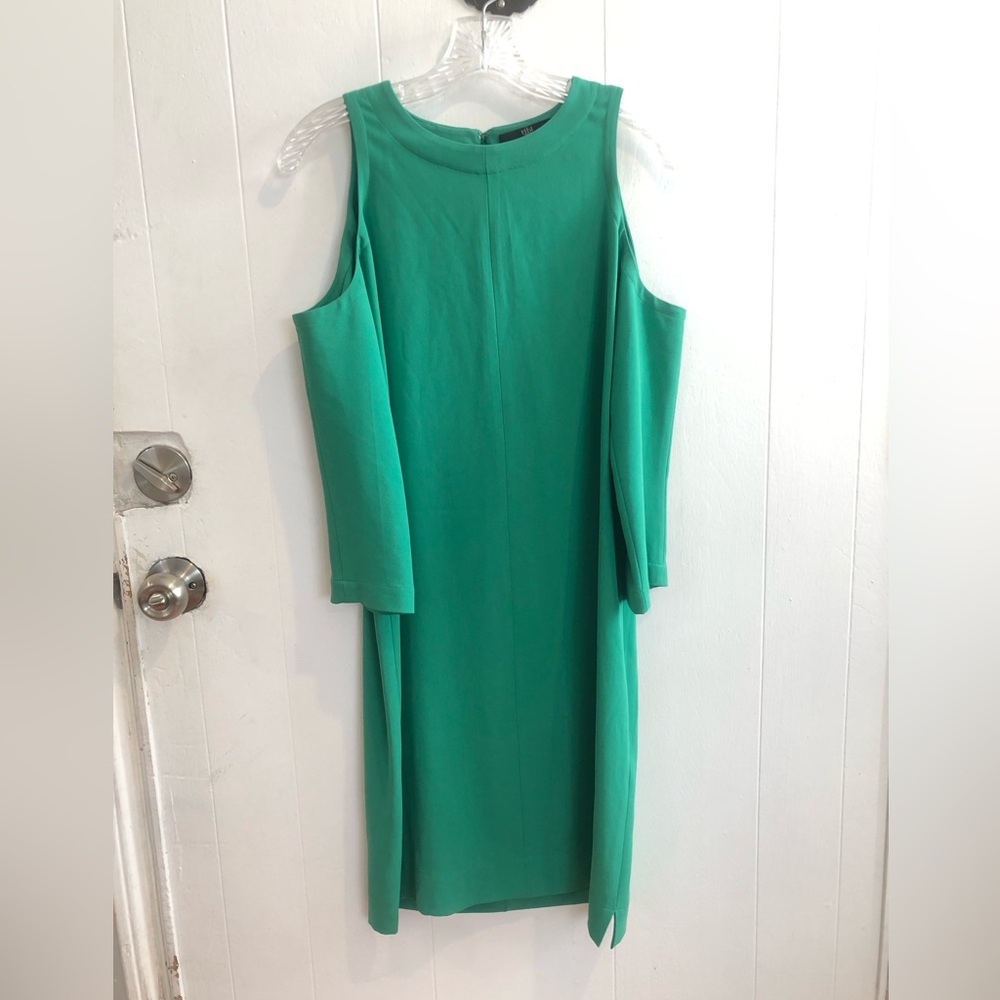 3/4 sleeve kelly green Tibi shift dress size small, with cut out shoulders.